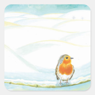 Sticker Carré Illustration Du Paysage D'Hiver Avec Robin
