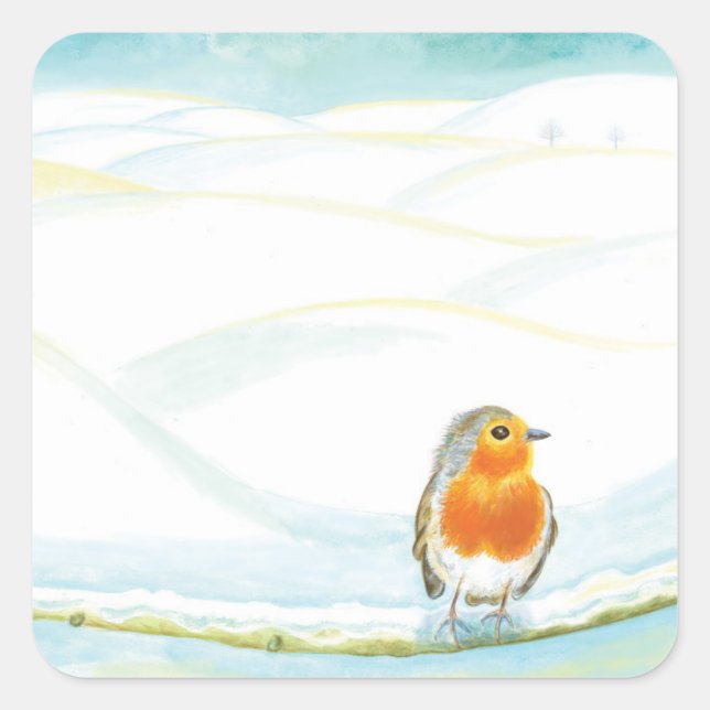 Sticker Carré Illustration Du Paysage D'Hiver Avec Robin (Devant)