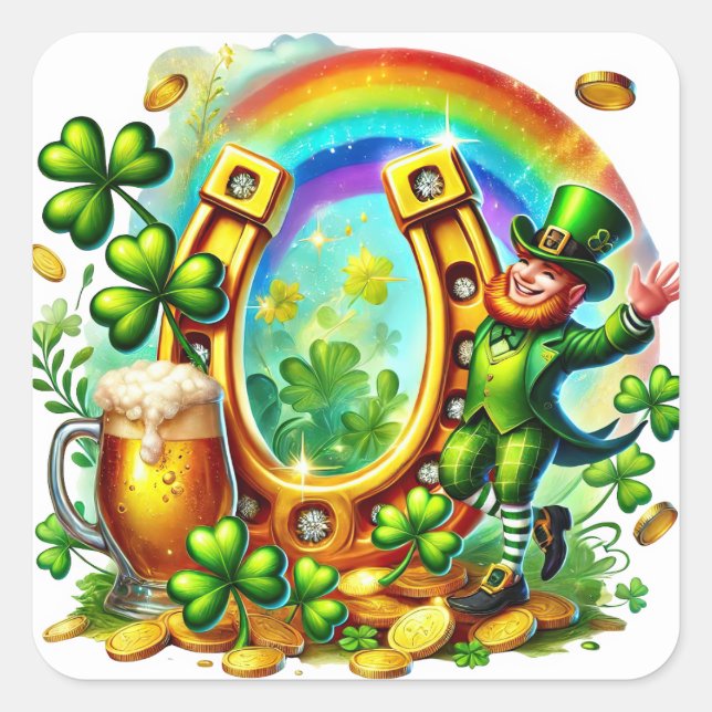 Sticker Carré Illustration du trèfle de fer à cheval Leprechaun (Devant)