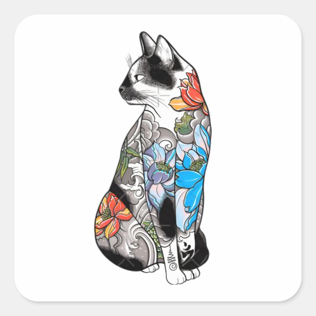Sticker Carré Illustration florale de chat de tatouage - Vibrant (Devant)