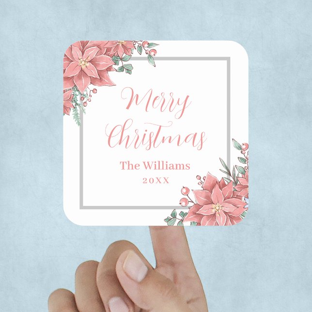 Sticker Carré Illustration florale Joyeux Noël personnalisée (Floral Illustration Merry Christmas Custom Square Sticker
)