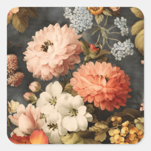 Sticker Carré Illustration florale vintage avec fleurs mélangées