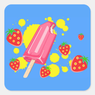 Sticker Carré Illustration Fun Pink Popsicle and Strawberries