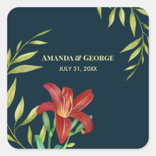 Sticker Carré Illustration mariage orange Lily Turquoise foncé