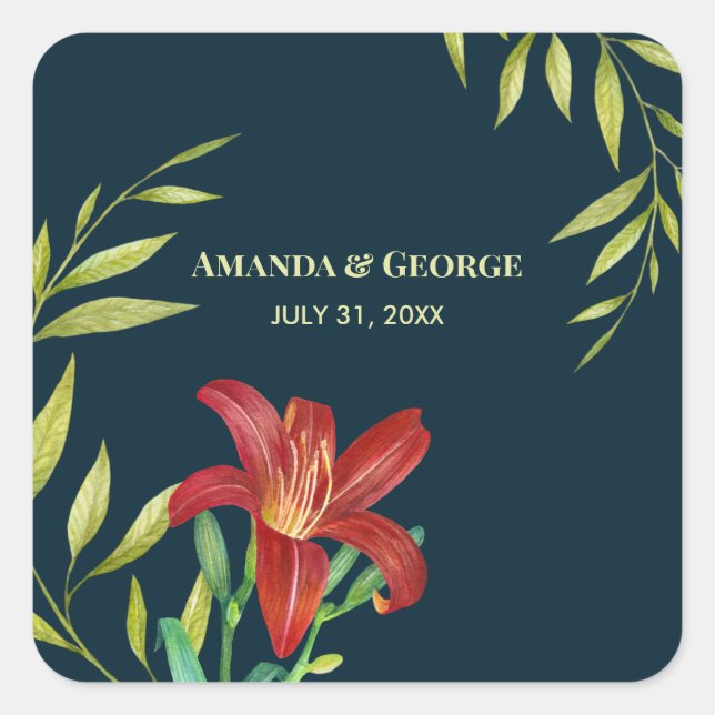 Sticker Carré Illustration mariage orange Lily Turquoise foncé (Devant)