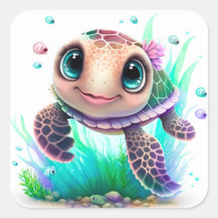 Sticker Carré Illustration Mignonne de Bébé Tortue de Mer – Océa