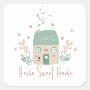 Sticker Carré Illustration mignonne et pastel "Home Sweet Home"