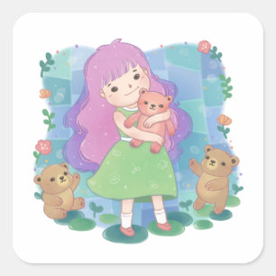 Sticker Carré Illustration nounours et fille