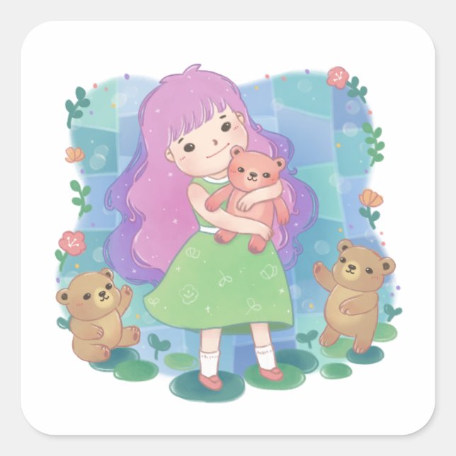 Sticker Carré Illustration nounours et fille (Devant)