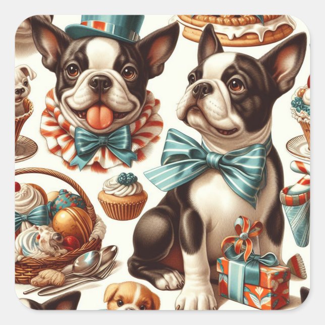 Sticker Carré Illustration Retro Cute Boston Terrier (Devant)