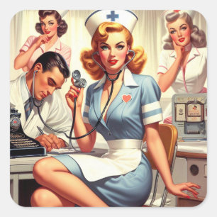 Sticker Carré Illustration Retro Nurse