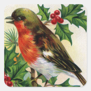 Sticker Carré Illustration Vintage de Christmas Robin