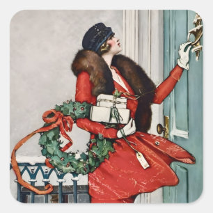 Sticker Carré Illustration vintage de Noël sur le pas de la port