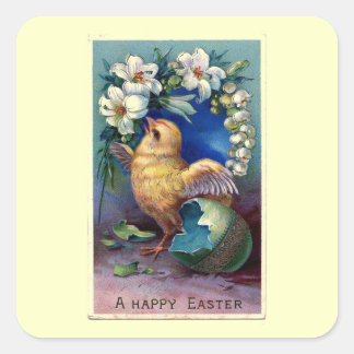 Sticker Carré Illustration vintage de Pâques avec poussin