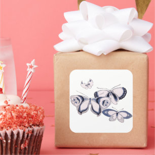 Sticker Carré Illustration vintage, Papillons bleus