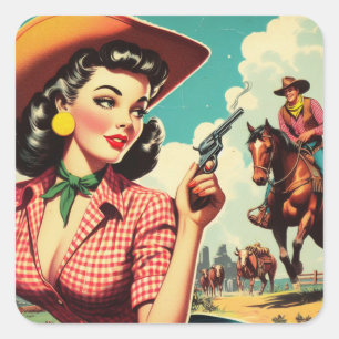 Sticker Carré Illustration vintage Pulp Cowgirl