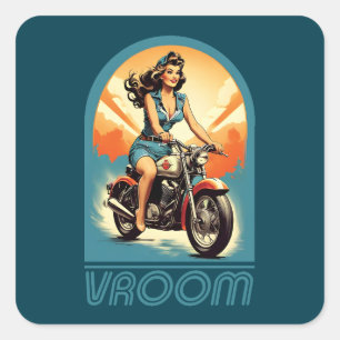 Sticker Carré Illustration vintage - Retro 60s Biker Girl