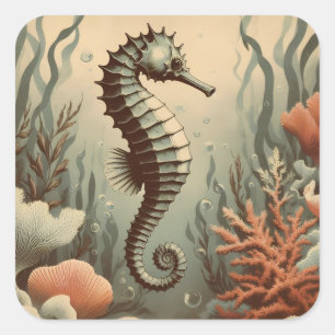 Sticker Carré Illustration vintage Seahorse Art antique