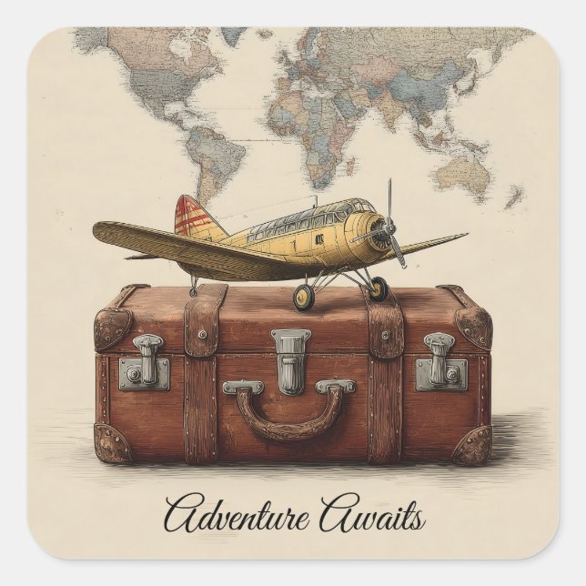 Sticker Carré Illustration Vintage voyage avec plan (Devant)