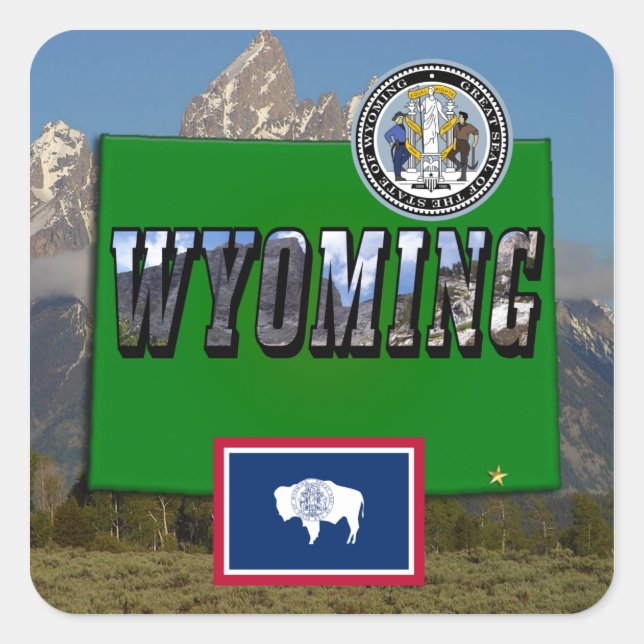 Sticker Carré Image et texte du Wyoming, carte, drapeau et sceau (Devant)