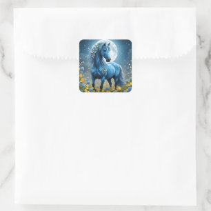 Sticker Carré Imaginaire Bleu Magique Cheval Lune Fleurs,