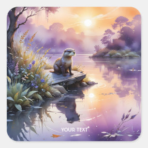 Sticker Carré Imaginaire Coucher de soleil mignon Lac pourpre