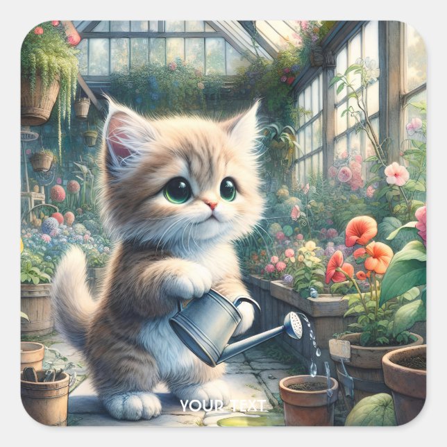 Sticker Carré Imaginaire Cute Chat Jardin Fleurs (Devant)