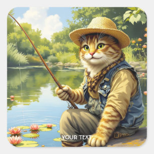 Sticker Carré Imaginaire Cute Lake Chat Fishing