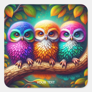 Sticker Carré Imaginaire Cute Trois Chouettes Vibrantes