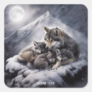 Sticker Carré Imaginaire Cute Wolf Famille Hiver