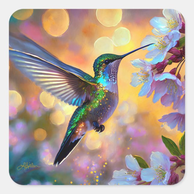 Sticker Carré Imaginaire de cerisier en fleurs Hummingbird (Devant)