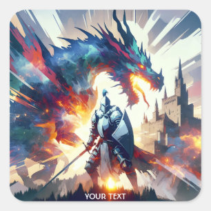 Sticker Carré Imaginaire Dragon mignon Combattre Chevalier
