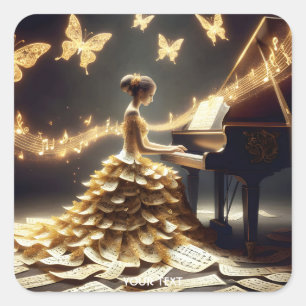 Sticker Carré Imaginaire fille mignonne Jouer Piano
