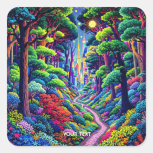 Sticker Carré Imaginaire Forêt Mignonne Et Ville
