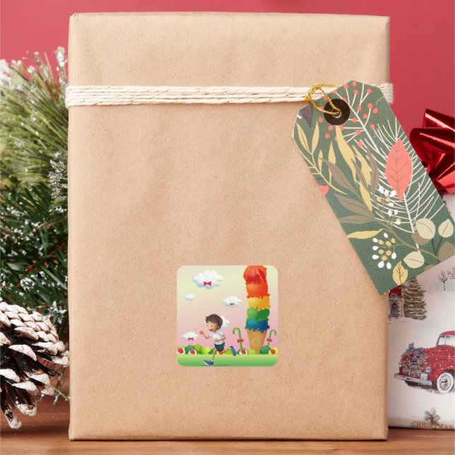 Sticker Carré Imaginaire Ice Cream Cone avec Happy Running Boy (vacances)