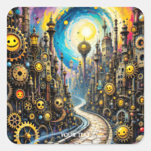Sticker Carré Imaginaire mignon Abstrait Steampunk City