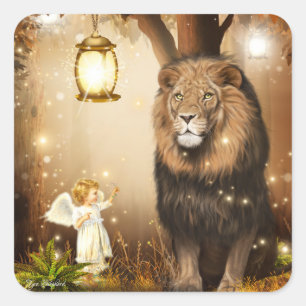 Sticker Carré Imaginaire mignon et lion