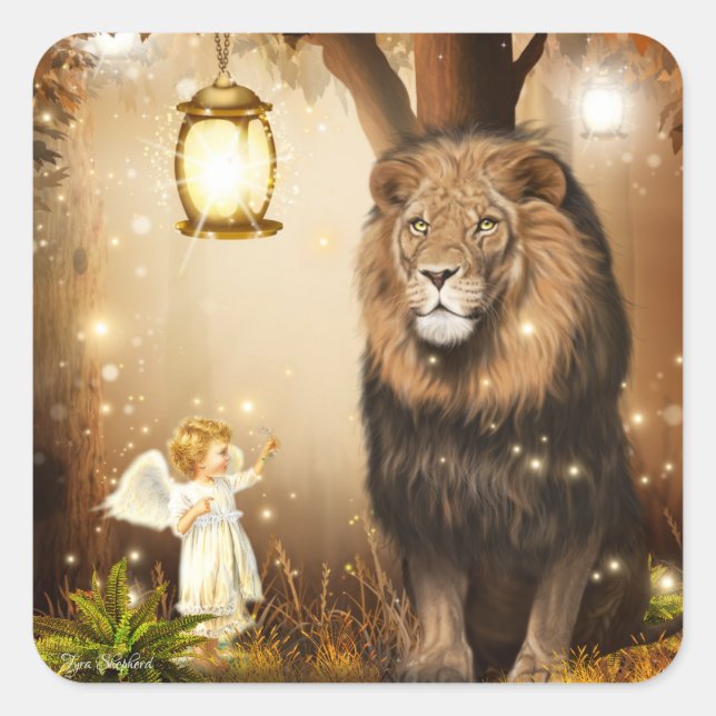 Sticker Carré Imaginaire mignon et lion (Devant)