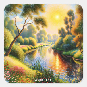 Sticker Carré Imaginaire mignon Pointillisme Rivière du paysage