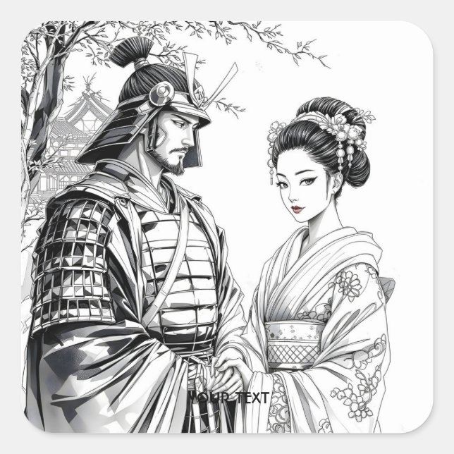 Sticker Carré Imaginaire mignon Samurai Geisha crayon (Devant)
