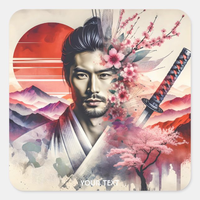 Sticker Carré Imaginaire mignon Samurai Sun Katana (Devant)
