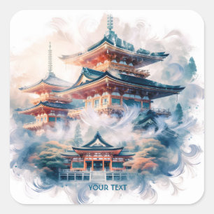 Sticker Carré Imaginaire mignon Temple japonais Aquarelle