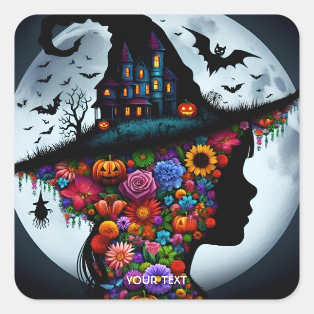 Sticker Carré Imaginaire mignonne sorcière fille Halloween (Devant)