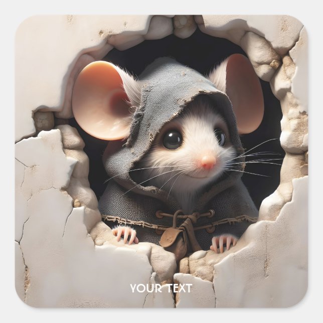 Sticker Carré Imaginaire mignonne souris murale fissurée (Devant)