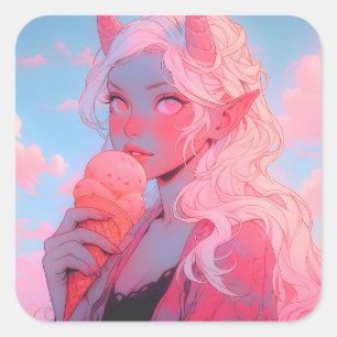 Sticker Carré Imaginaire Soft Pink Crème de glace Anime Girl