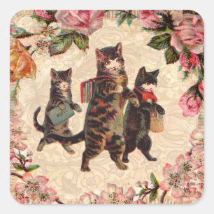 Sticker Carré Impression de chatons vintage allant à l'école : V