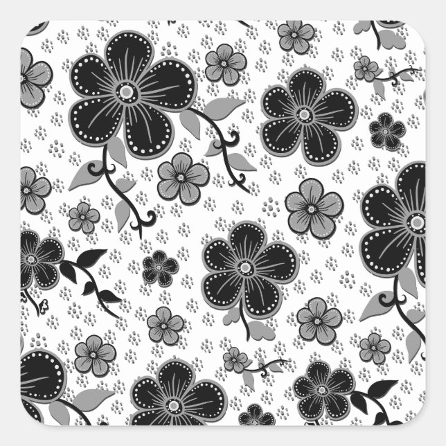 Sticker Carré Impression florale noire et blanche (Devant)
