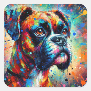 Sticker Carré Impressionniste Colorful Pop Art Boxer Chien Peint