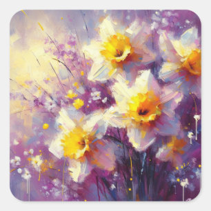 Sticker Carré Impressionniste Daffodique Floral Purple Jaune Art