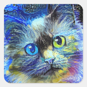 Sticker Carré Impressionniste de nuit étoilé Tabby Portrait de
